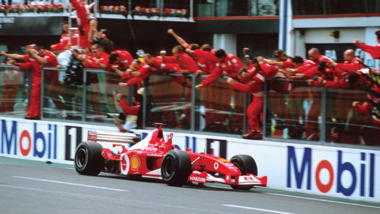 Michael Schumacher drives F2002 chassis 219 to victory at the 2002 French GP, securing his fifth F1 World Drivers Championship.
