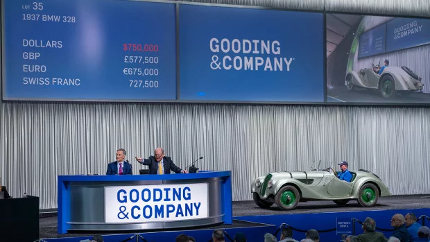 President David Gooding and Auctioneer Charlie Ross sell the 1937 BMW 328 for $830,000 at Gooding Scottsdale 2020.