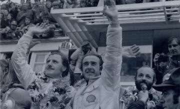 1972 - Henri Pescarolo, Jean-Luc Lagardère and Graham Hill celebrating their victory and the first win for Matra in the Le Mans 24 Hours.