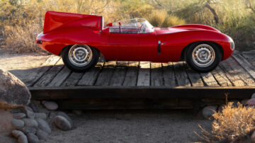 On the list of the ten most expensive cars sold at public auction in 2021 Side profile red 1955 Jaguar D-Type on Offer at RM Sotheby's Scottsdale sale 2021