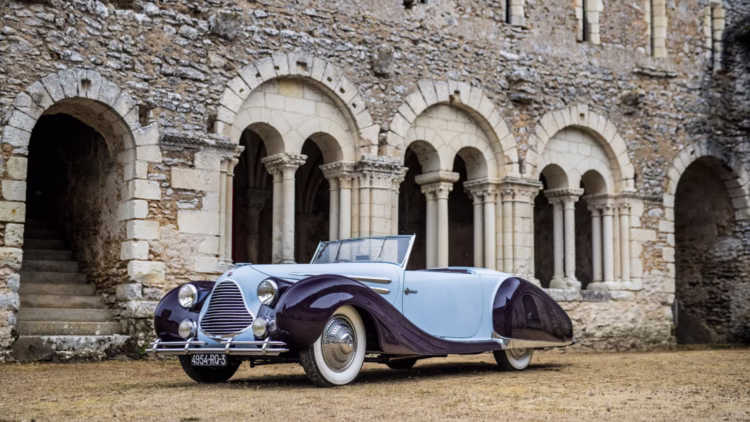 Side front 1948 Talbot-Lago T26 Record Sport Cabriolet Décapotable on offer at Bonhams Quail Lodge 2021 sale.