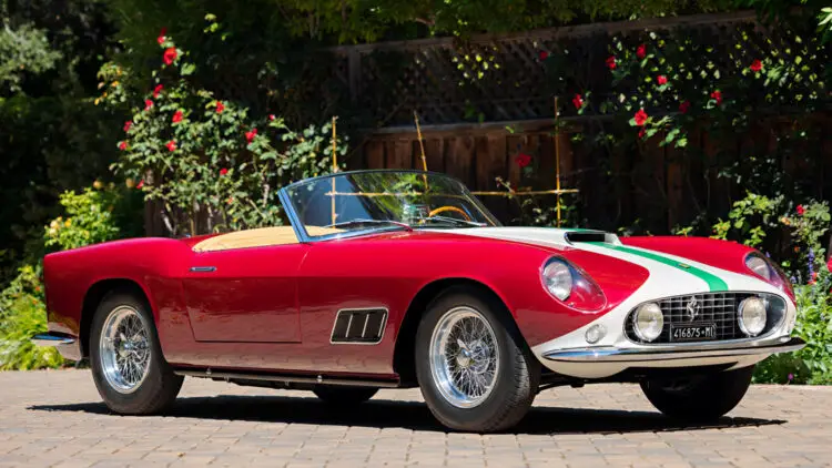 1959 Ferrari 250 GT LWB California Spider Competizione on sale at Gooding Pebble Beach 2021 classic car auction. On the list of the ten most expensive cars sold at public auction in 2021.