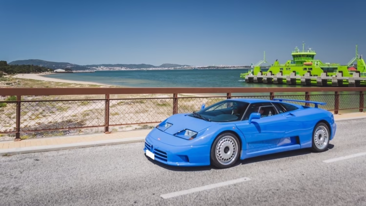 Blue 1996 Bugatti EB110 GT Coupé on sale at the Bonhams Paris 2022 Rétromobile week classic car auction