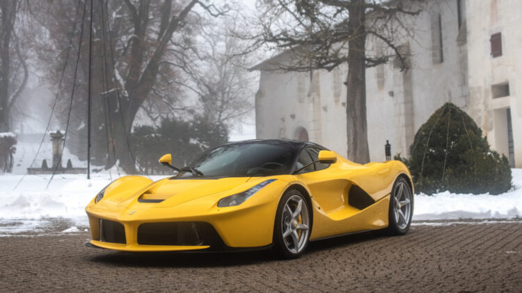 Yellow 2015 Ferrari LaFerrari on sale at the Bonhams Paris 2022 Rétromobile week classic car auction