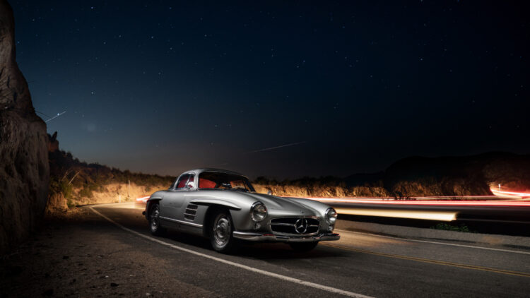 At night 1955 Mercedes-Benz 300 SL Alloy Gullwing on sale at RM Sotheby's Arizona Scottsdale 2022 classic car auction