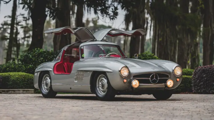 Open doors 1955 Mercedes-Benz 300 SL Alloy Gullwing on sale in the RM Sotheby's Monterey 2022 classic car auction