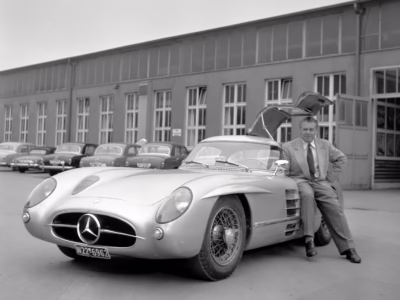 Rudolf Uhlenhaut with the 1955 Mercedes-Benz 300 SLR Uhlenhaut Coupé