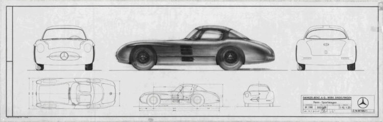 Factory sketches of the 1955 Mercedes-Benz 300 SLR Uhlenhaut Coupé