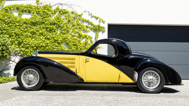 side profile 1938 Bugatti Type 57C Atalante on sale at Bonhams Quail Lodge 2022 classic car auction during Monterey Motor Week