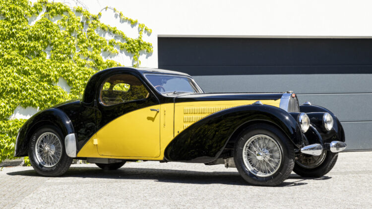 1938 Bugatti Type 57C Atalante profile on sale at Bonhams Quail Lodge 2022 classic car auction during Monterey Motor Week