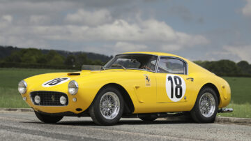 A yellow 1960 Ferrari 250 GT SWB Berlinetta Competizione on sale in the Gooding London 2022 classic car auction