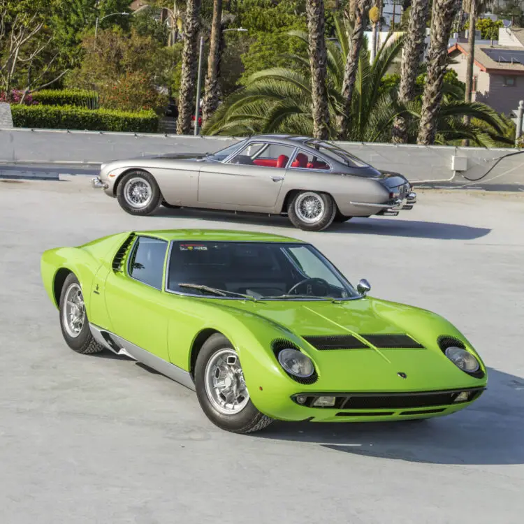 1969 Lamborghini Miura P400 S and 1965 Lamborghini 350 GT Coupe on sale at Bonhams Quail Lodge 2022 classic car auction during Monterey Motor Week