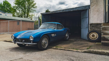 Blue 1957 BMW 507 Series II Roadster with Hardtop topped results at Bonhams Audrain 2022