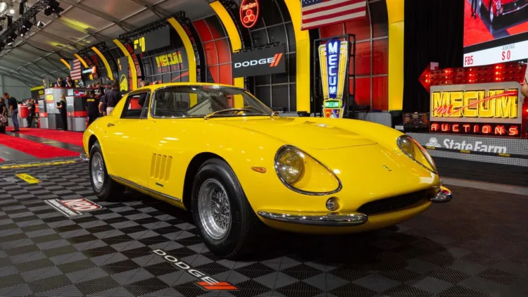 The yellow 1966 Ferrari 275 GTB/6C Alloy Berlinetta was the most expensive of of six million dollar sale results at Mecum Monterey 2023 classic car auction