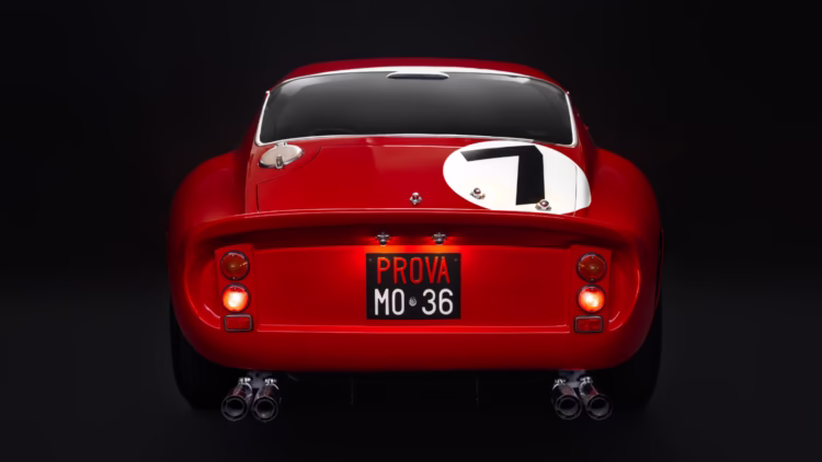 Rear 1962 Ferrari 330 LM / 250 GTO — chassis 3765 — for the RM Sotheby's New York 2023 Modern and Contemporary Art auction.
