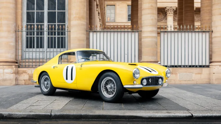 Yellow 1960 Ferrari 250 GT SWB Berlinetta Competizione racing car for sale in the RM Sotheby's Paris 2024