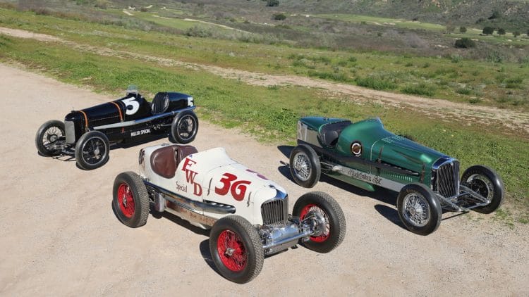 1932 Miller FWD Special, 1924 Miller ‘183 Convertible’ Speed Record Car, and 1931 Studebaker Special Indy Car