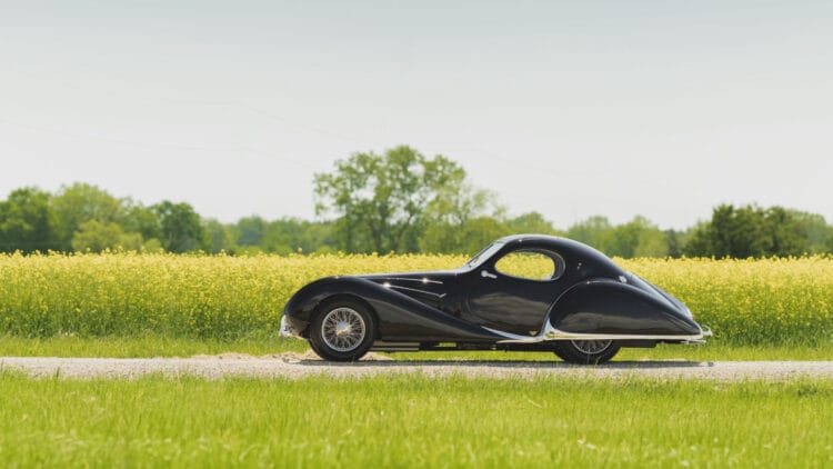 Profile view of the 1938 Talbot-Lago T150-C SS Teardrop Coupe by Figoni et Falaschi, chassis 90117, on sale at RM Sotheby's Monterey 2026 auction
