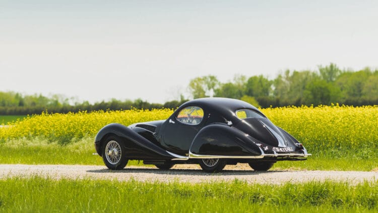 Rear quarter view of the 1938 Talbot-Lago T150-C SS Teardrop Coupe by Figoni et Falaschi, chassis 90117, on sale at RM Sotheby's Monterey 2026 auction
