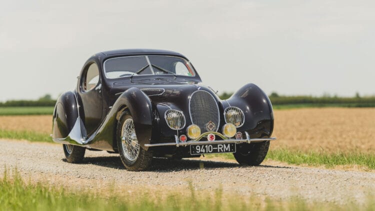 Front view of the 1938 Talbot-Lago T150-C SS Teardrop Coupe by Figoni et Falaschi, chassis 90117, on sale at RM Sotheby's Monterey 2026 auction