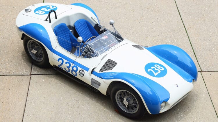 Blue and white 1959 Maserati Tipo 61 Birdcage on sale Gooding Christie's Pebble Beach 2026 classic car auction