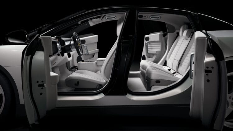Interior view of the white 2026 Ferrari Luce Tailor Made Chassis 0 the most expensive charity, new, and electric car ever sold at public auction.