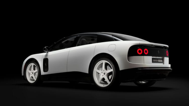 Rear quarter view of the 2026 Ferrari Luce Tailor Made Chassis 0 the most expensive charity, new, and electric car ever sold at public auction.