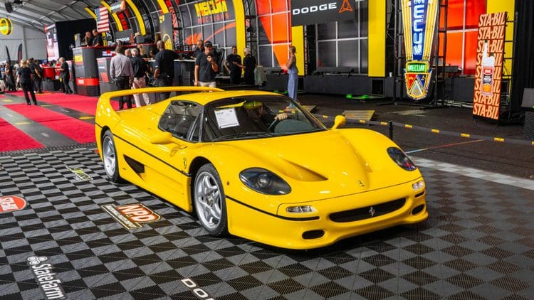 Yellow 1996 Ferrari F50 sold at Mecum Monterey 2026 for a world record price as the most expensive F50 ever